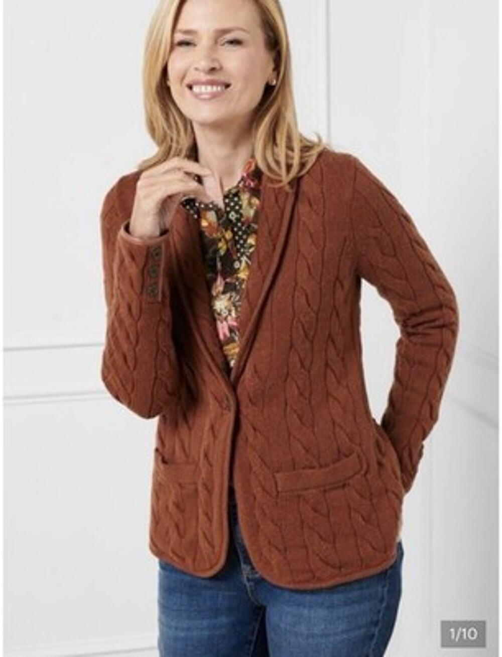 Talbots Shawl Collar Cable Knit Sweater Cardigan Brown Leather Trim S Academia